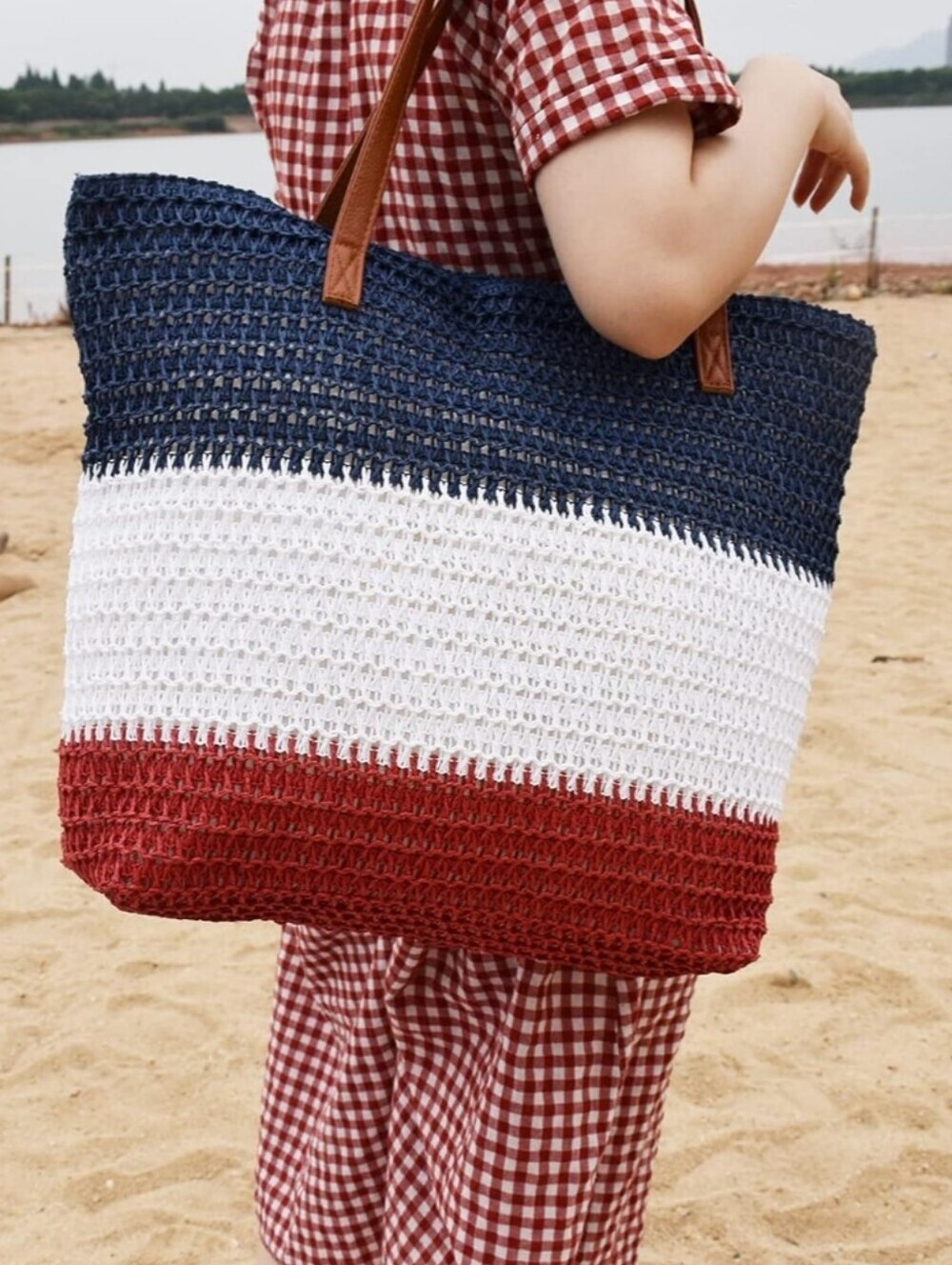 Striped Navy White Red Crochet Beach Tote
